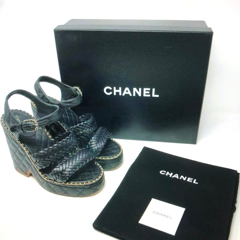 CHANEL Quilted Woven Black Leather Wedge Sandal 37